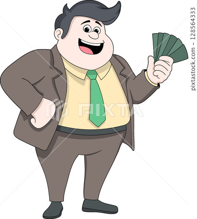 Happy Cartoon Businessman Holding Money Illustration Happy Cartoon Businessman Holding Money Illustration 128564333