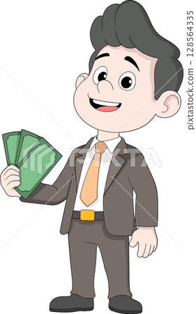 Cartoon Businessman Holding Cash Profit and Success Concept Cartoon Businessman Holding Cash Profit and Success Concept 128564335