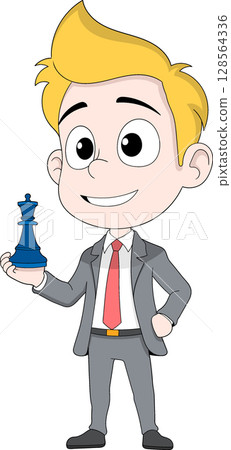 Cartoon Businessman Holding Chess King Piece Marketing Strategy Concept 128564336