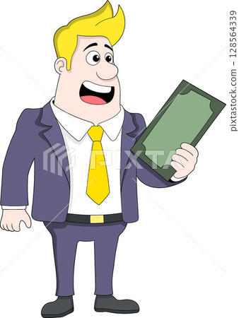 Cartoon Rich Businessman Holding Money Financial Management Concept 128564339