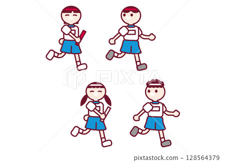 Children divided into white and red teams running a relay race at a sports day 128564379