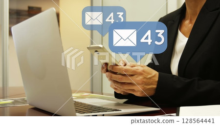 Image of icons and numbers over woman using smartphone and laptop Image of icons and numbers over woman using smartphone and laptop 128564441