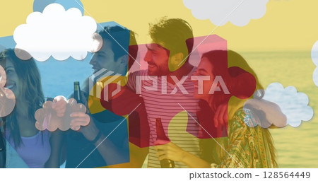 Image of colourful puzzle pieces over happy friends at summer beach party 128564449