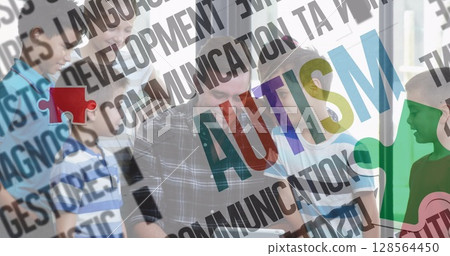 Image of colourful puzzle pieces and autism text over school children with male teacher 128564450