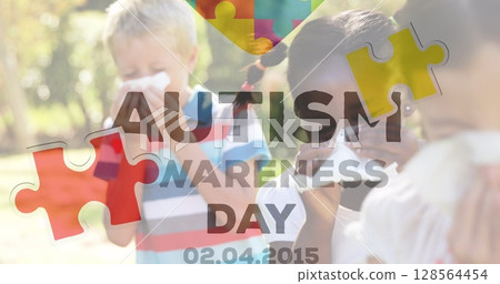 Image of colourful puzzle pieces and autism text over children blowing their noses 128564454