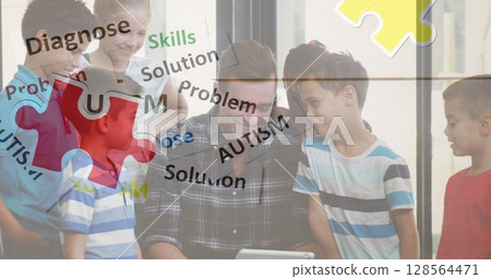 Image of colourful puzzle pieces and autism text over school children with male teacher Image of colourful puzzle pieces and autism text over school children with male teacher 128564471