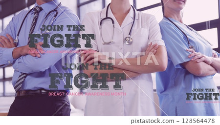 Image of join the fight text over group of smiling doctors Image of join the fight text over group of smiling doctors 128564478