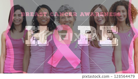 Image of breast cancer awareness text over group of smiling women Image of breast cancer awareness text over group of smiling women 128564479