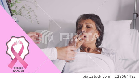 Image of breast cancer awareness text over female patient taking pills Image of breast cancer awareness text over female patient taking pills 128564482
