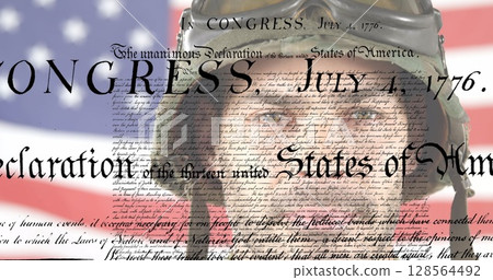 Image of article text over caucasian soldier and flag of united states of america 128564492
