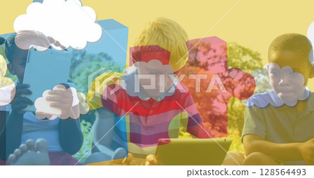 Image of colourful puzzle pieces over children using tablets 128564493