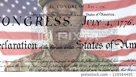 Image of article text over african american soldier singing and flag of united states of america 128564495