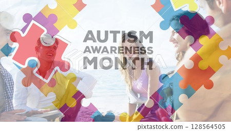 Image of colourful puzzle pieces and autism text over happy friends at summer beach party 128564505