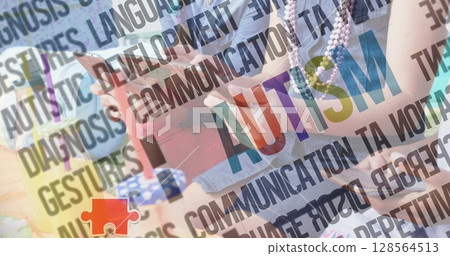 Image of colourful puzzle pieces and autism text over friends using smartphone and tablet 128564513