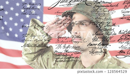 Image of article text over caucasian soldier and flag of united states of america 128564529