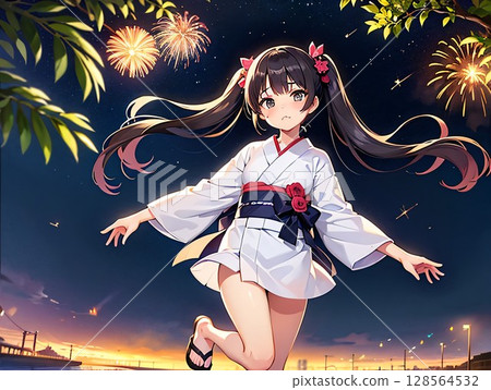 煙火和穿著浴衣的女孩 128564532