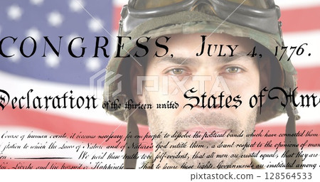 Image of article text over caucasian soldier and flag of united states of america 128564533