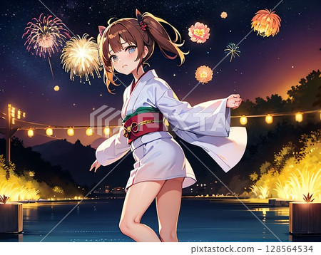 煙火和穿著浴衣的女孩 128564534