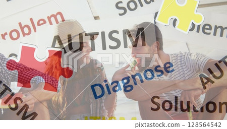 Image of colourful puzzle pieces and autism text over happy friends at summer beach party 128564542