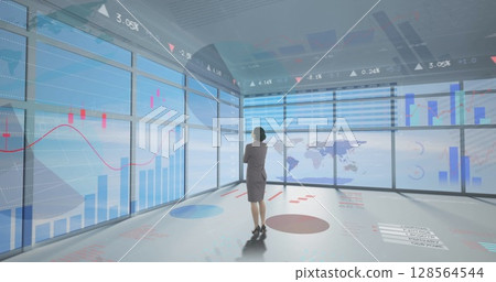 Image of financial data processing over businesswoman 128564544