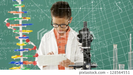 Image of mathematical formulae over smiling schoolboy using tablet Image of mathematical formulae over smiling schoolboy using tablet 128564551