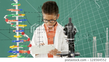 Image of mathematical formulae over smiling schoolboy using tablet Image of mathematical formulae over smiling schoolboy using tablet 128564552