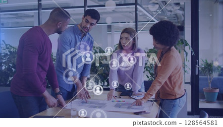 Image of media icons over diverse business people during meeting 128564581