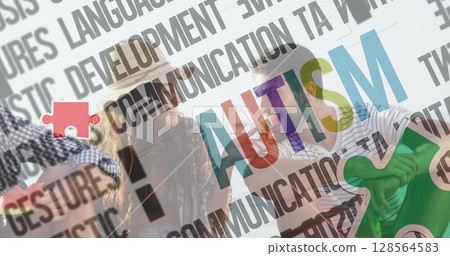Image of colourful puzzle pieces and autism text over happy friends at summer beach party 128564583