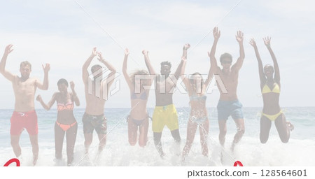 Image of red hearts over happy diverse group of friends on beach Image of red hearts over happy diverse group of friends on beach 128564601
