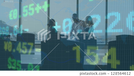 Image of financial data processing over diverse business people talking Image of financial data processing over diverse business people talking 128564612