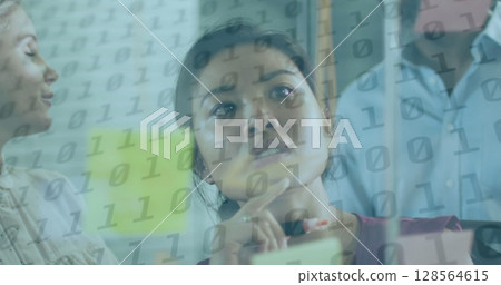 Image of binary coding over diverse business people taking notes 128564615