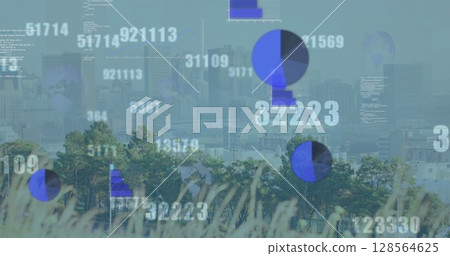 Image of data processing and graphs over cityscape 128564625