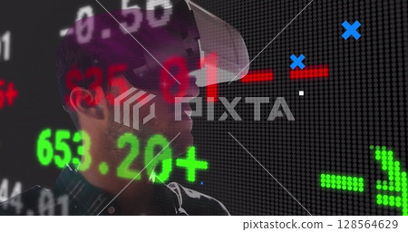 Stock market and statistical data processing and abstract shapes over man wearing vr headset Stock market and statistical data processing and abstract shapes over man wearing vr headset 128564629
