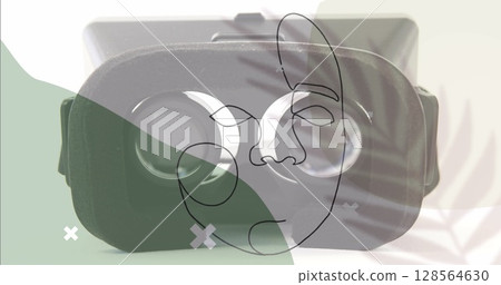 Abstract shapes and network of connections against close up view of a vr headset Abstract shapes and network of connections against close up view of a vr headset 128564630
