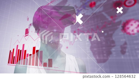 Abstract shapes and neon barcode against woman wearing vr headset 128564632