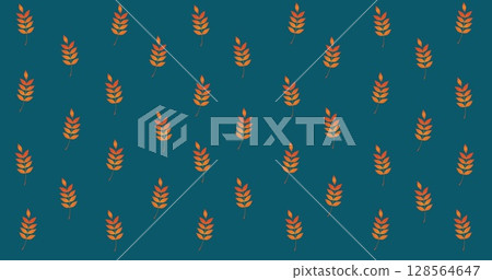 Image of multiple orange autumn leaves over blue background 128564647