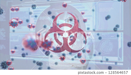 Image of covid cells over male doctor looking at screen with medical data processing 128564657