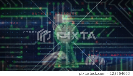 Image of cyber attack warning over online security padlock and hacker Image of cyber attack warning over online security padlock and hacker 128564663