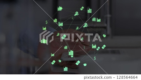 Image of globe with network of connections with digital icons over man using smartphone 128564664