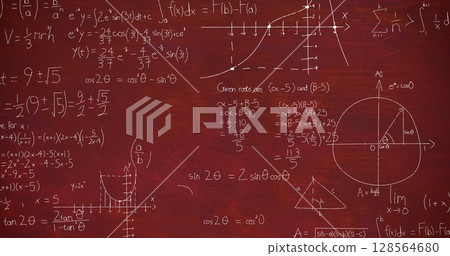 Image of mathematical equations over red background 128564680