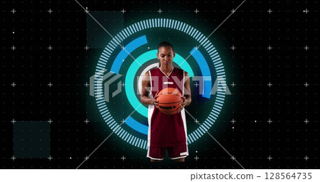 Image of african american female basketball player over scope scanning on black background 128564735