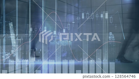 Image of financial data processing over diverse business people walking in modern office 128564746