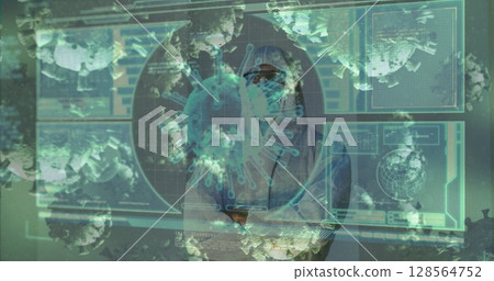 Image of covid cells over male doctor looking at screen with medical data processing 128564752