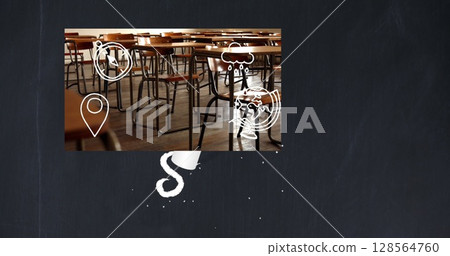 Image of school text and icons over classroom Image of school text and icons over classroom 128564760