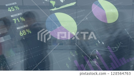 Image of financial data processing over diverse business people walking in modern office 128564763