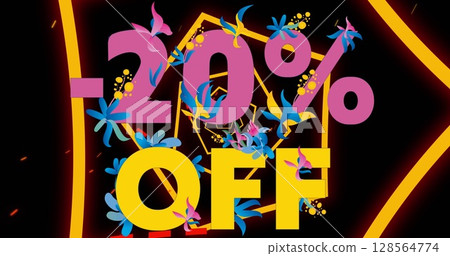 Image of rotating pentagons and 20 percent off text on black background Image of rotating pentagons and 20 percent off text on black background 128564774