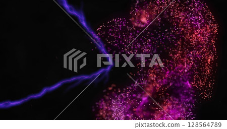 Image of glowing blue lightning flashes over floating pink particles on dark screen 128564789