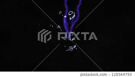 Image of glowing purple lightning flashes and glowing white liquid light on black background Image of glowing purple lightning flashes and glowing white liquid light on black background 128564793