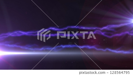 Image of glowing purple lightning flashes and white beam of light on dark background Image of glowing purple lightning flashes and white beam of light on dark background 128564795