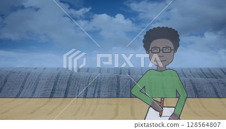 Image of african american boy writing on notebook over landscape in background 128564807